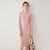 Womens Cashmere Ribbed Knit Midi Dress Long Sleeve Square Neck Dress